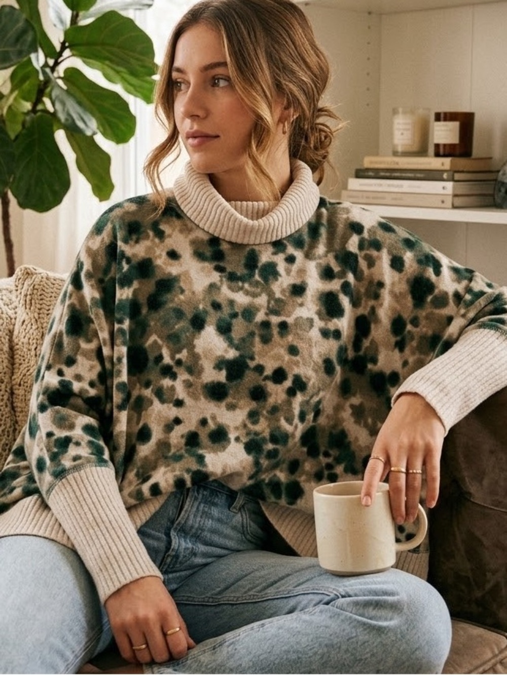 Westbound Cream & Green Spot Turtleneck Sweater Size:L NWT